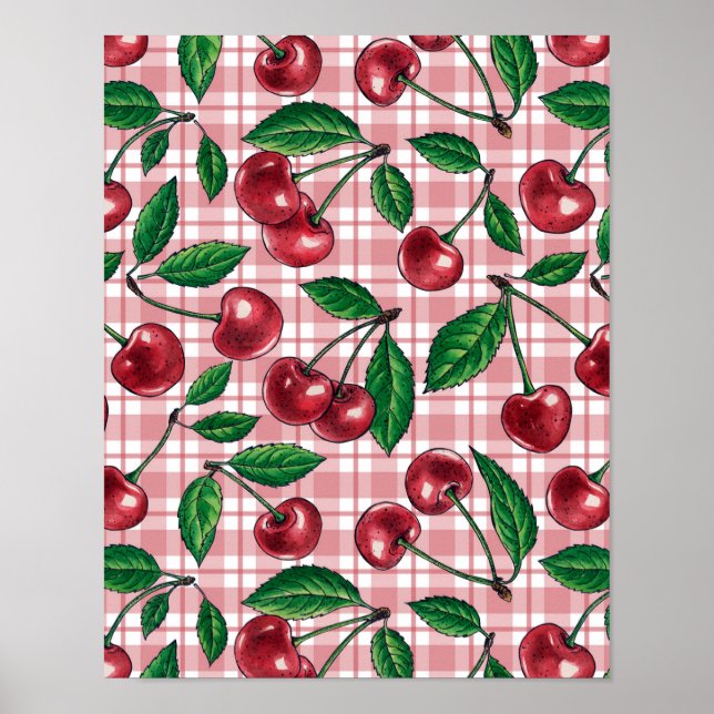 Poster Cerejas vermelhas em gingham rosa (Frente)