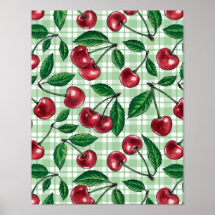 Poster Cerejas vermelhas em gingham verde-claro