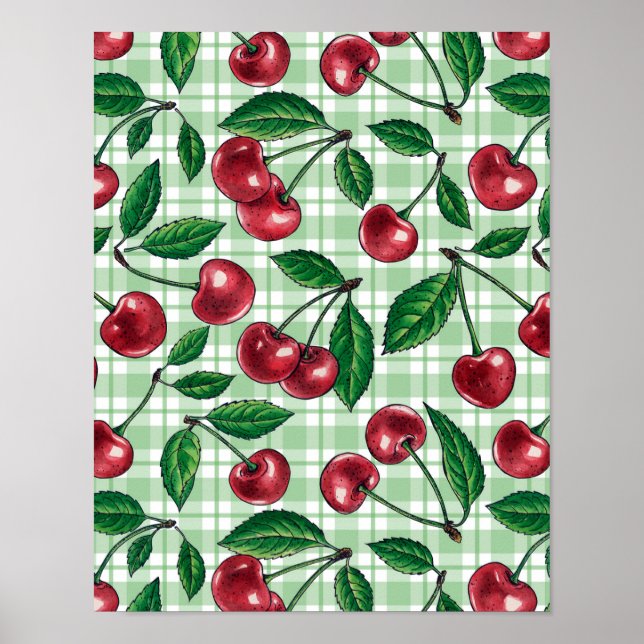 Poster Cerejas vermelhas em gingham verde-claro (Frente)