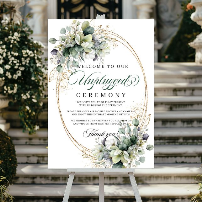 Poster Cerimônia de Casamento Desconectada com Verde Água (Watercolor Greenery Gold Unplugged Ceremony Wedding Poster)