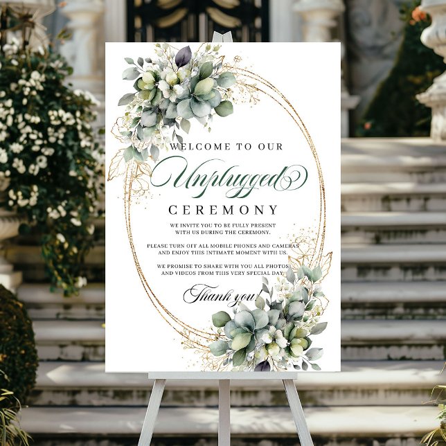 Poster Cerimônia Desconectada de Verde Poeira Vegetação C (Dusty Green Greenery Unplugged Ceremony Wedding Poster)