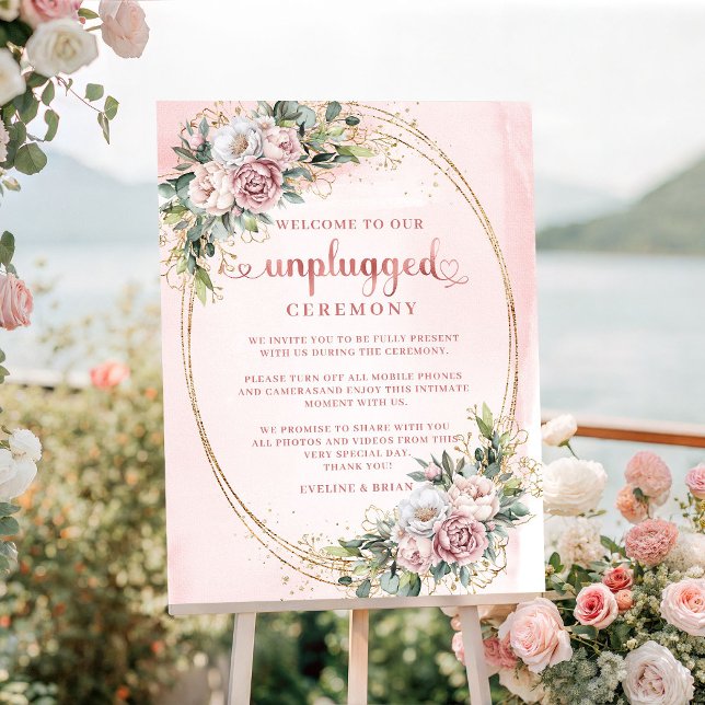 Poster Cerimônia Desconectada Floral Rosa Dourado (Rose Gold Blush Pink Floral Unplugged Ceremony)