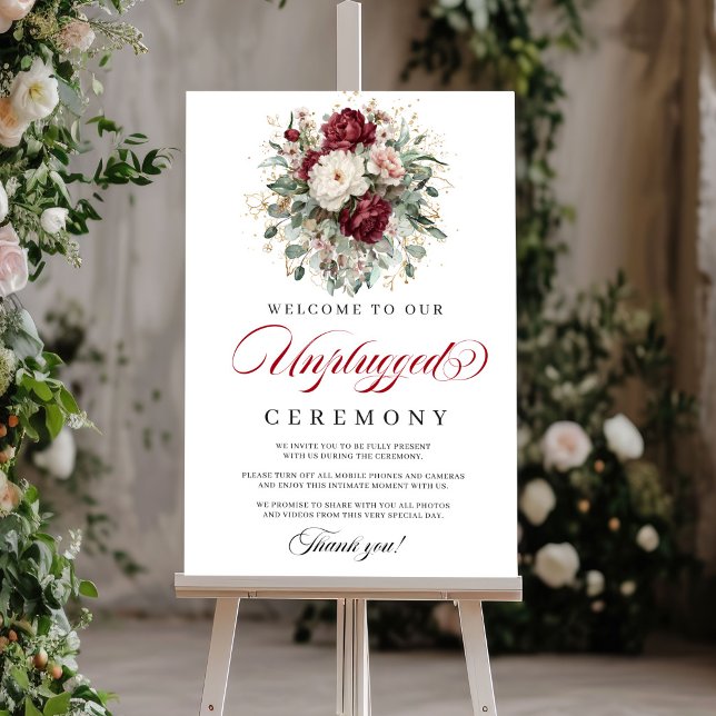 Poster Cerimônia Desconectada Rosa Floral Burgundy Chic (Chic Floral Blush Burgundy Unplugged Ceremony)