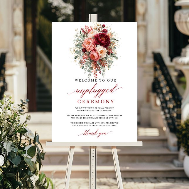 Poster Cerimônia Floral Outonal Marrom Rústica sem Fios   (Rustic Maroon Autumn Floral Unplugged Ceremony Sign

)