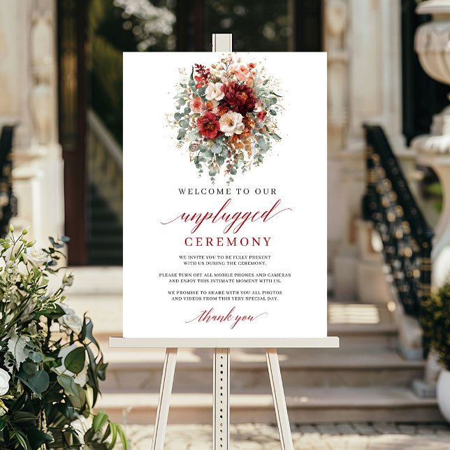Poster Cerimônia Romântica de Outono Marsala Floral Sem F (Romantic Fall Marsala Floral Unplugged Ceremony Sign

)