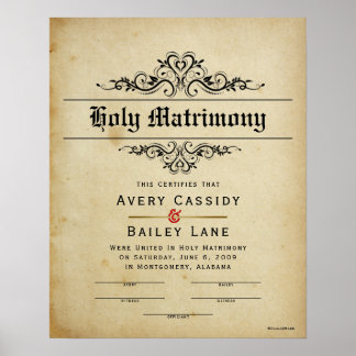 Poster Certificado Antiquado de Casamento "Santo Matrimôn