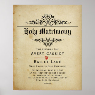 Poster Certificado Antiquado de Casamento "Santo Matrimôn