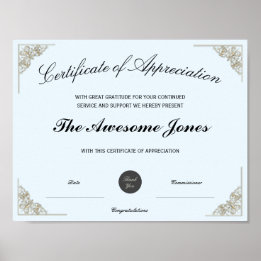 Poster Certificado Azul de Apreciação com Logotipo Person