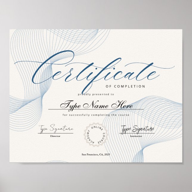 Poster Certificado Azul de conclusão, realização, excel (Frente)