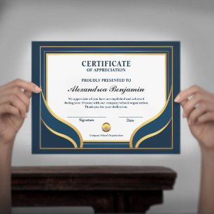 Poster Certificado Azul Dourado de Realização de Apreciaç