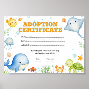 Poster Certificado de adoção de animais marinhos para col