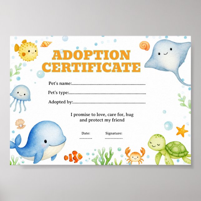 Poster Certificado de adoção de animais marinhos para col (Frente)