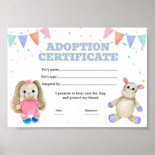 Poster Certificado de adoção de animal de brinquedo