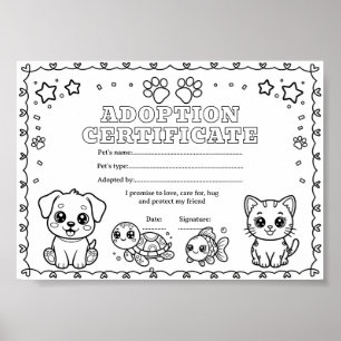 Poster certificado de adoção de animal de estimação para