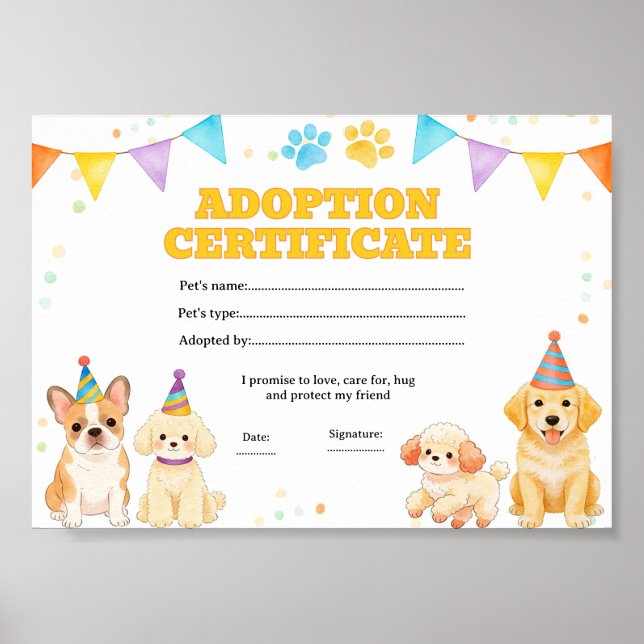 Poster Certificado de adoção de cachorro filhote (Frente)