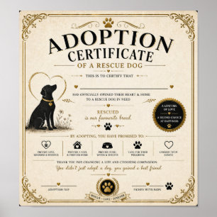 Poster Certificado de Adoção de Cão de Resgate Personaliz