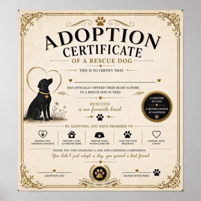 Poster Certificado de Adoção de Cão de Resgate Personaliz (Frente)