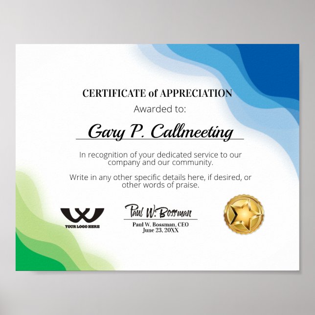 Poster Certificado de apreciação de pessoal voluntário (Frente)