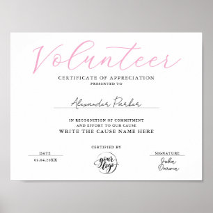 Poster Certificado de Apreciação de Voluntário Rosa Estil