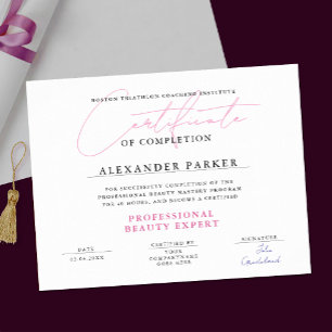 Poster Certificado de Beleza Simples Rosa Branco Profissi