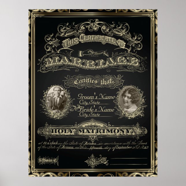 Pôster Certificado de Casamento Clássico ao Estilo Gatsby (Frente)