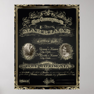 Pôster Certificado de Casamento Clássico Vintage no Estil