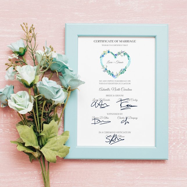 Poster Certificado de Casamento Coração Floral Azul (Criador carregado)