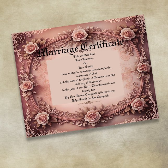 Poster Certificado de Casamento de Rosas Vintage Rosa (Criador carregado)