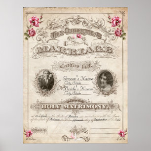 Pôster Certificado de Casamento de Vintage de Rosas Antig