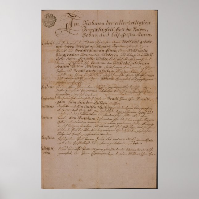 Pôster Certificado de casamento de Wolfgang, Mozart e Web (Frente)