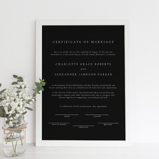 Poster Certificado de Casamento Elegante Mínimo Negro (Criador carregado)
