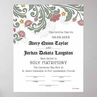 Poster Certificado de Casamento Floral de Rolagem Sagrada