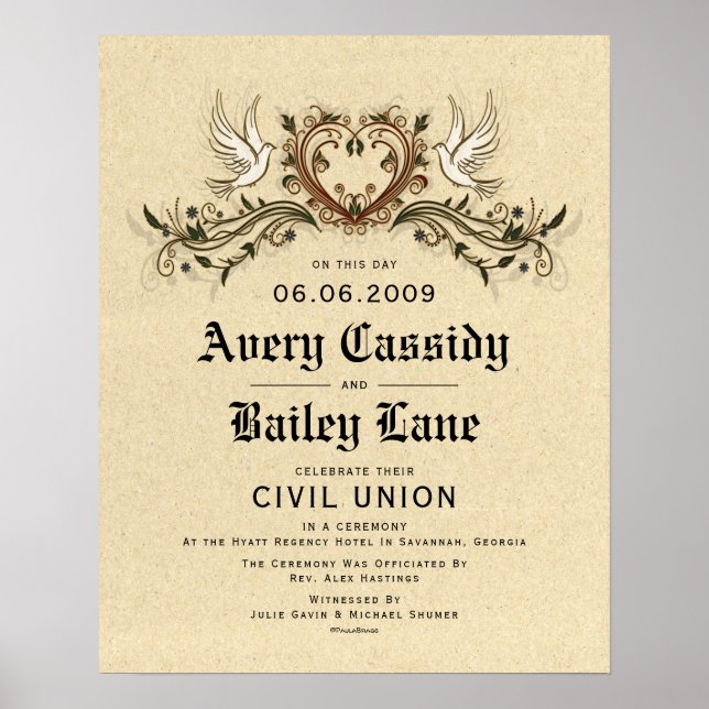 Poster Certificado de Casamento Floral Elegante "União Ci (Frente)