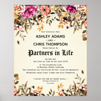 Poster Certificado De Casamento Floral "Partners For Life