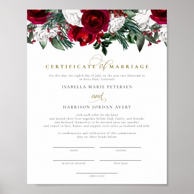 Poster Certificado de Casamento Invernal HOLLY Burgundy (Frente)