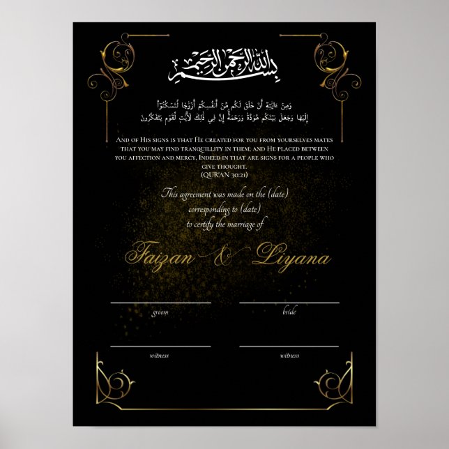 Poster Certificado de Casamento Muslim Nikkah Personaliza (Frente)