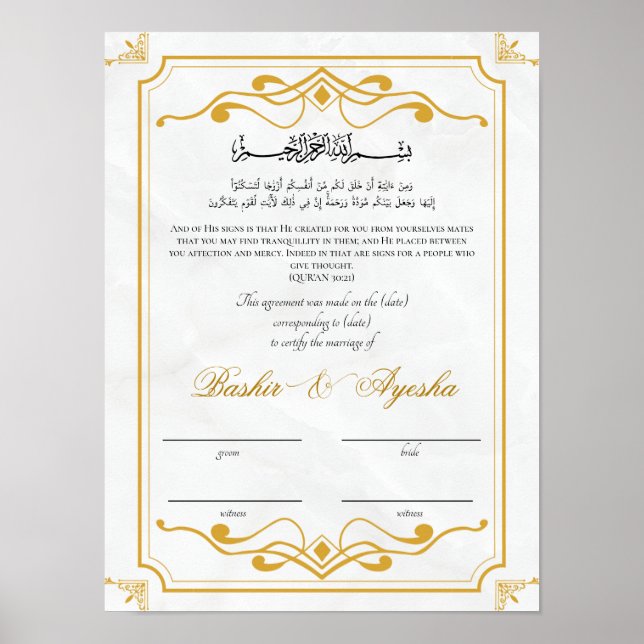 Poster Certificado de Casamento Nikkah Personalizado Mode (Frente)