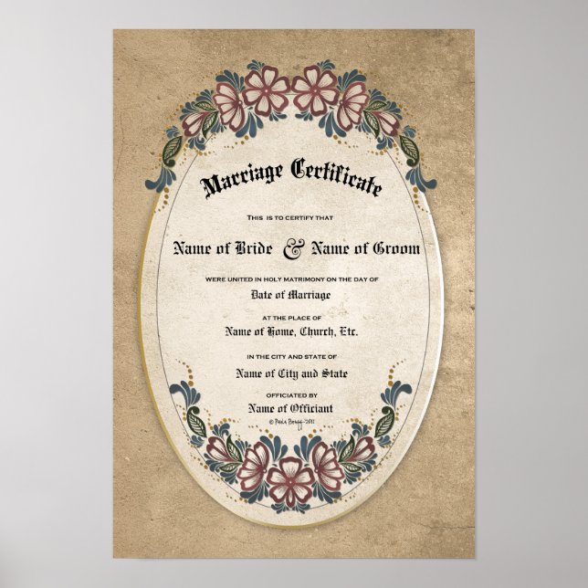 Pôster Certificado de Casamento:(Recordação Ornamental) (Frente)