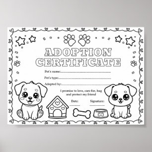 Poster Certificado de coloração de adoção de animal de es