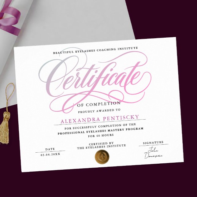 Poster Certificado de Curso de Salão de Beleza Rosa Branc (Criador carregado)