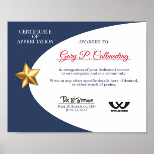 Poster Certificado de funcionário voluntário de apreciaçã