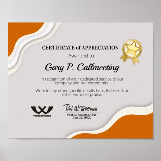 Poster Certificado de funcionário voluntário de apreciaçã (Frente)