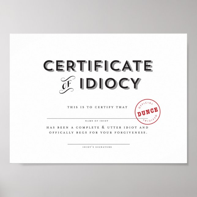 Pôster Certificado de idiotice (Frente)
