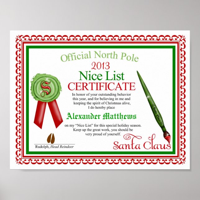 Pôster Certificado de Lista de Nice de Santa Claus Oficia (Frente)