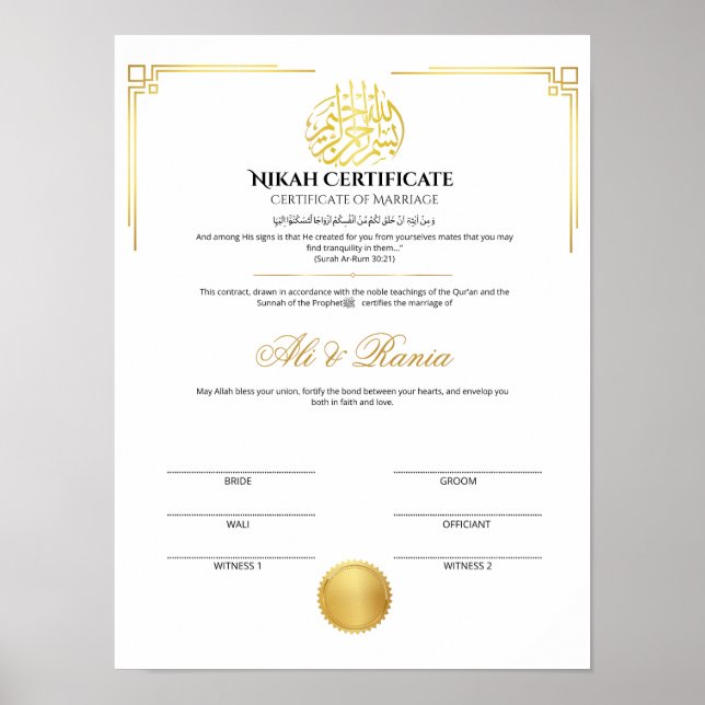 Poster Certificado de Nikah em Ouro Elegante com Selo (Frente)