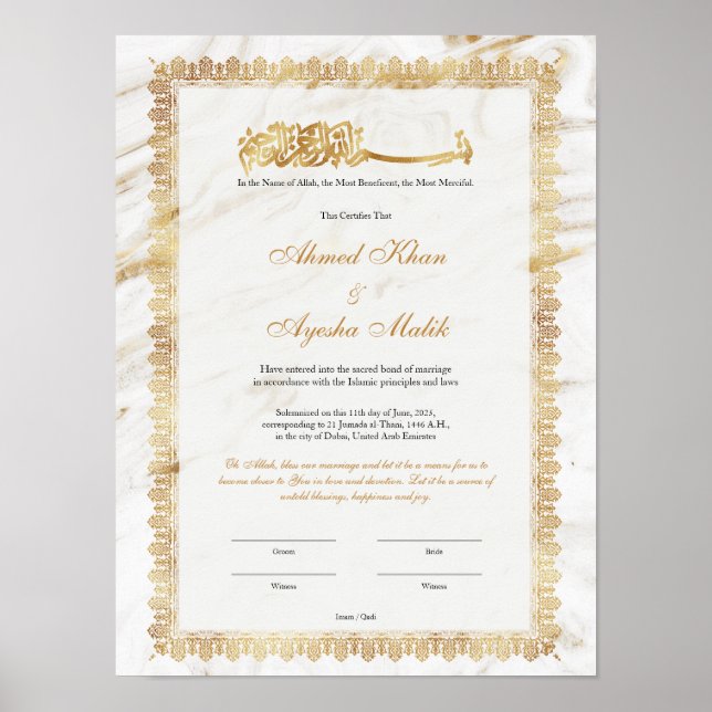 Poster Certificado de Nikkah em Ouro para Casamento Islâm (Frente)