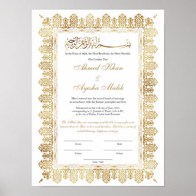 Poster Certificado de Nikkah em Ouro para Casamento Islâm (Frente)
