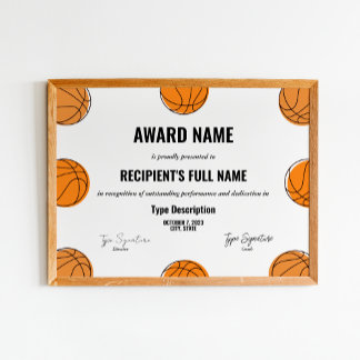 Poster Certificado de prêmio de basquete, prêmio mvp