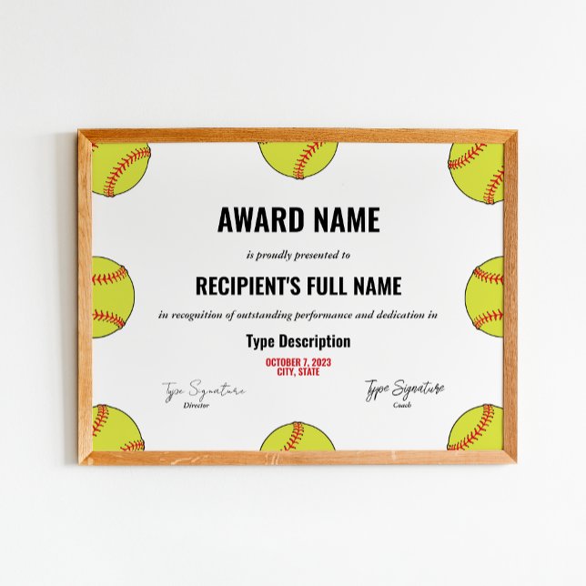 Poster Certificado de Prêmio de excelência em softball (Criador carregado)