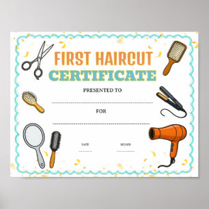 Poster certificado de primeiro corte de cabelo editável